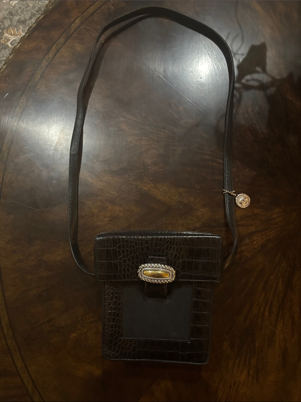Brighton Black Croc-Texture Crossbody with Gold-Tone Medallion